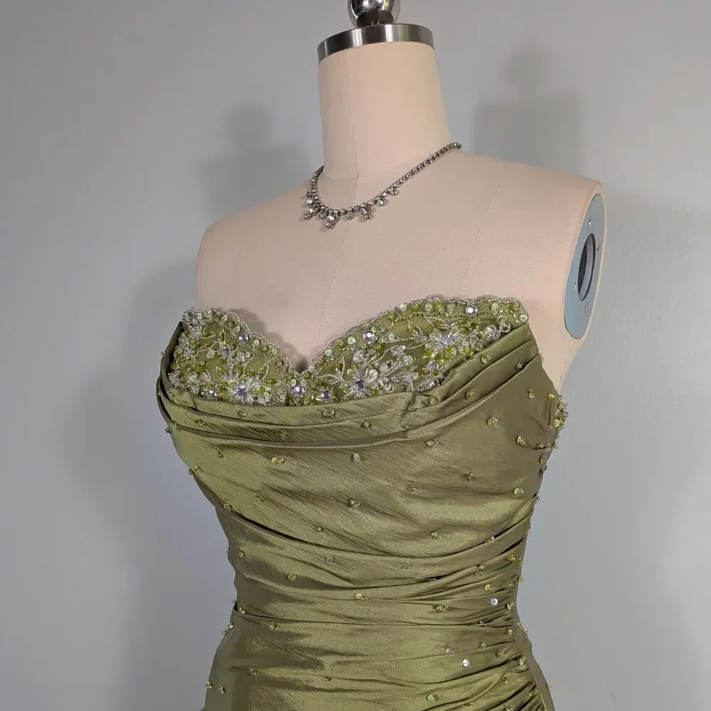 Mori Lee Prom Dress Maxi Gown 10 Green Strapless Corset Mermaid Bead Y2K Olive - Picture 3 of 16